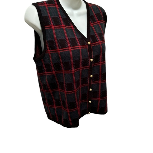 VTG Button Up Plaid Sweater Vest Sz M Gold Buttons Green Red Black Crystal Kobe - Picture 5 of 7